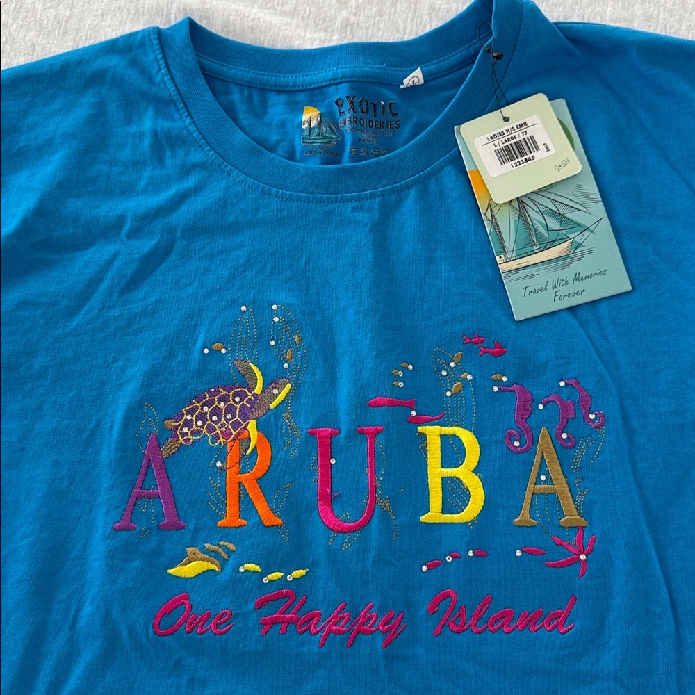 Aruba One Happy Island Exotic Embroideries Blue T-shirt. tourist Large NWT
